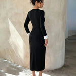 Black Contrast Cuff Side Slit Midi Dress With White Bow