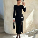 Black Contrast Cuff Side Slit Midi Dress With White Bow