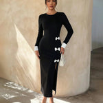 Black Contrast Cuff Side Slit Midi Dress With White Bow