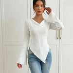 White Ribbed Knit Asymmetrical Hem Top With Flared Cuffs