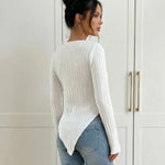 White Ribbed Knit Asymmetrical Hem Top With Flared Cuffs