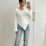 White Ribbed Knit Asymmetrical Hem Top With Flared Cuffs