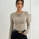 Khaki Ribbed Knit Cowl Neck Top With Ruched Waist