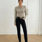 Khaki Ribbed Knit Cowl Neck Top With Ruched Waist