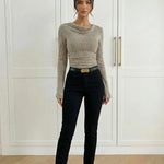 Khaki Ribbed Knit Cowl Neck Top With Ruched Waist