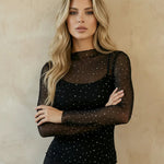 Black Sheer Mesh High-Neck Top With Iridescent Rhinestone
