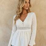 White Eyelet Embroidery Lace Trim V-Neck Peplum Top