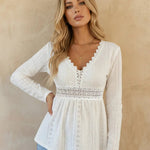 White Eyelet Embroidery Lace Trim V-Neck Peplum Top