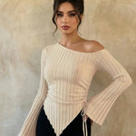 Beige Asymmetrical Off-Shoulder Bell Sleeve Ruched Asymmetrical Hem Casual Top