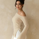 Beige Asymmetrical Off-Shoulder Bell Sleeve Ruched Asymmetrical Hem Casual Top