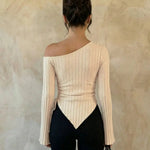 Beige Asymmetrical Off-Shoulder Bell Sleeve Ruched Asymmetrical Hem Casual Top