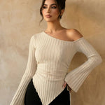 Beige Asymmetrical Off-Shoulder Bell Sleeve Ruched Asymmetrical Hem Casual Top