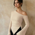 Beige Asymmetrical Off-Shoulder Bell Sleeve Ruched Asymmetrical Hem Casual Top
