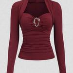 Wine Red Sweetheart Neck Ruched Long Sleeve Top