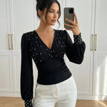 Black Pearl Embellished V Neck Sleeve Top