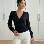 Black Pearl Embellished V Neck Sleeve Top