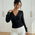 Black Pearl Embellished V Neck Sleeve Top