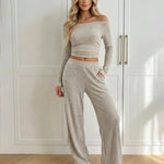 Khaki Ribbed Off-Shoulder Cropped Top And Wide-Leg Pants Set