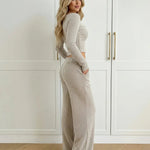 Khaki Ribbed Off-Shoulder Cropped Top And Wide-Leg Pants Set
