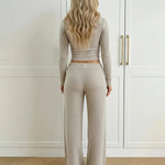 Khaki Ribbed Off-Shoulder Cropped Top And Wide-Leg Pants Set