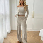 Khaki Ribbed Off-Shoulder Cropped Top And Wide-Leg Pants Set