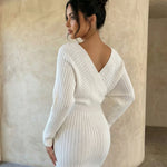 White Ribbed Knit Deep V-Neck Batwing Sleeve Mini Dress