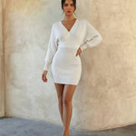 White Ribbed Knit Deep V-Neck Batwing Sleeve Mini Dress
