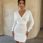 White Ribbed Knit Deep V-Neck Batwing Sleeve Mini Dress
