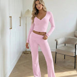Pink Cross Front Long Sleeve Wrap Cropped Top And Pants Set