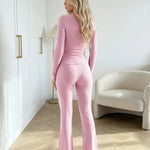 Pink Cross Front Long Sleeve Wrap Cropped Top And Pants Set