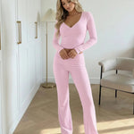 Pink Cross Front Long Sleeve Wrap Cropped Top And Pants Set