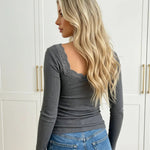 Gray Ribbed Square Neck Long Sleeve Shirts