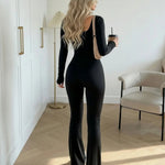 Black Square Neck Long Sleeve Flared Jumpsuit