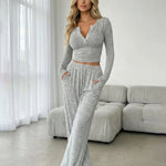Ribbed Half-Open Neck Top And Wide-Leg Pants Set