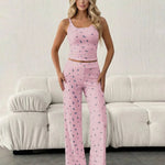 Pink Ditsy Floral Print Cami Top And Wide-Leg Pants Set