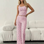 Pink Ditsy Floral Print Cami Top And Wide-Leg Pants Set