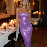 Plain Shiny Spaghetti Strap Satin Bodycon Midi Dress