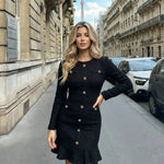 Black Tweed Gold Button Ruffle Hem Mini Dress