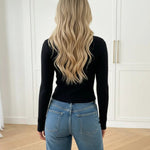 Black V-Neck Ribbed Knit Button-Front Lace Patch Cropped Top