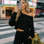 Black Asymmetric Off-the-Shoulder Long Sleeve Cropped Top