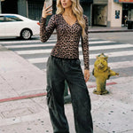 Leopard Print V-Neck Long Sleeve Fitted Cropped Top