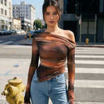 Brown Off-The-Shoulder Ruched Ombre Mesh Long Sleeve Top