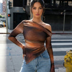 Brown Off-The-Shoulder Ruched Ombre Mesh Long Sleeve Top