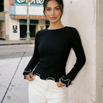 Black Contrast Trim Ruffle Hem Ribbed Long Sleeve Casual Top