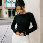 Black Contrast Trim Ruffle Hem Ribbed Long Sleeve Casual Top