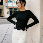Black Contrast Trim Ruffle Hem Ribbed Long Sleeve Casual Top