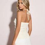 Apricot Halter Neck Drawstring Ruffle Hem Tank Top