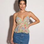 Floral Print Ruffled Hem V-Neck Cami Top