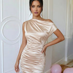 Champagne Asymmetrical Off-Shoulder Ruched Satin Mini Party Dress