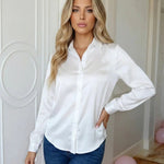 White Collared Button-Down Long Sleeve Satin Blouse